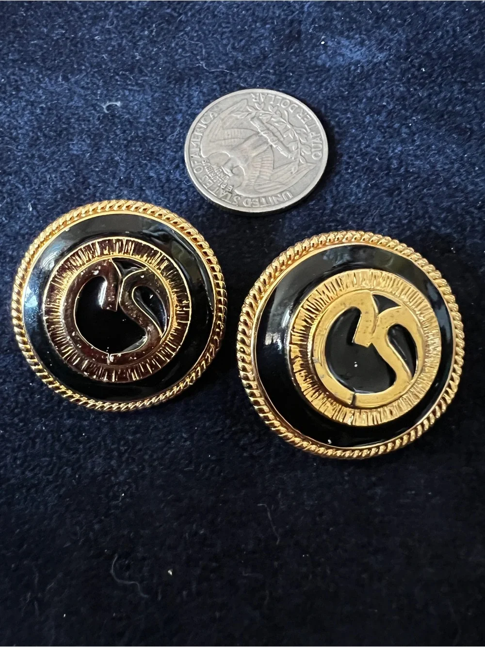 Vintage St John Gold Tone and Enamel Logo Clip Back Earrings - Picture 2 of 5